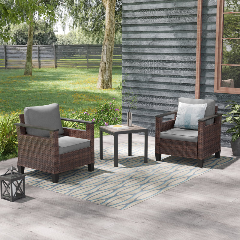 3 Piece Patio Chairs Set with Side Table, PE Rattan Wicker Patio Furniture, Gray