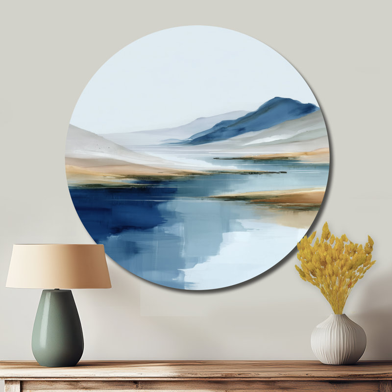 Décoration murale ronde en métal «Blue Waves Heights Golden Coastal - Lake Mountains», L 29 po x H 29 po