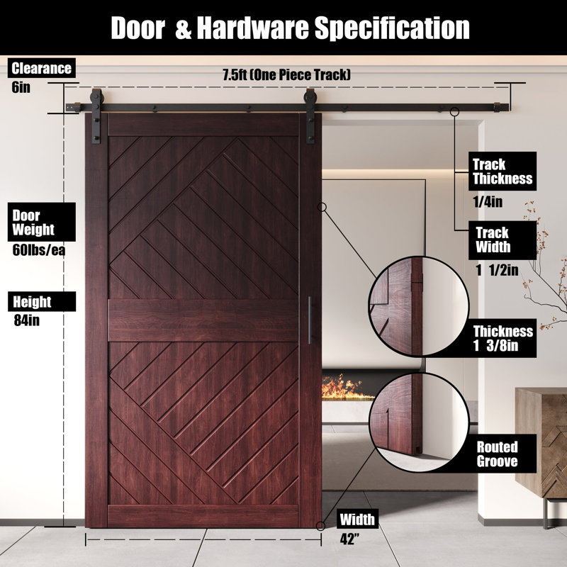Porte de grange à motif géométrique non assemblée et fini en acajou rouge 42 po x 84 po Homacer, 42 po x 84 po