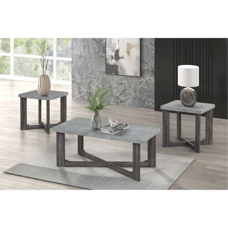 Ensemble de tables basses 3 pièces - Table basse rectangulaire et 2 tables de bout carrées avec pieds stylisés en croix - Style contemporain gris