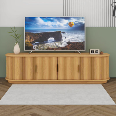 Meuble télé avec porte tambour coulissante pour téléviseur de 75 po ou moins, console média cannelée avec rangement réglable, meuble télé à poignée dorée avec trous pour câbles
