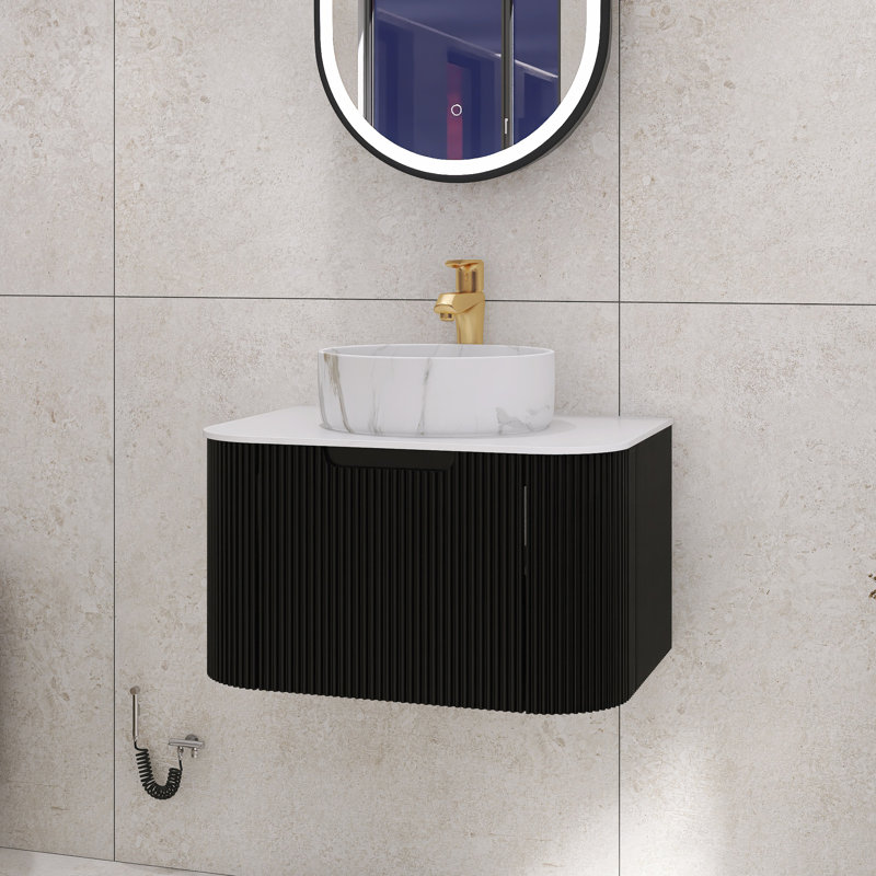 Meuble-lavabo mural rayé avec rebords incurvés pré-assemblés avec lavabo, Noir, 24"