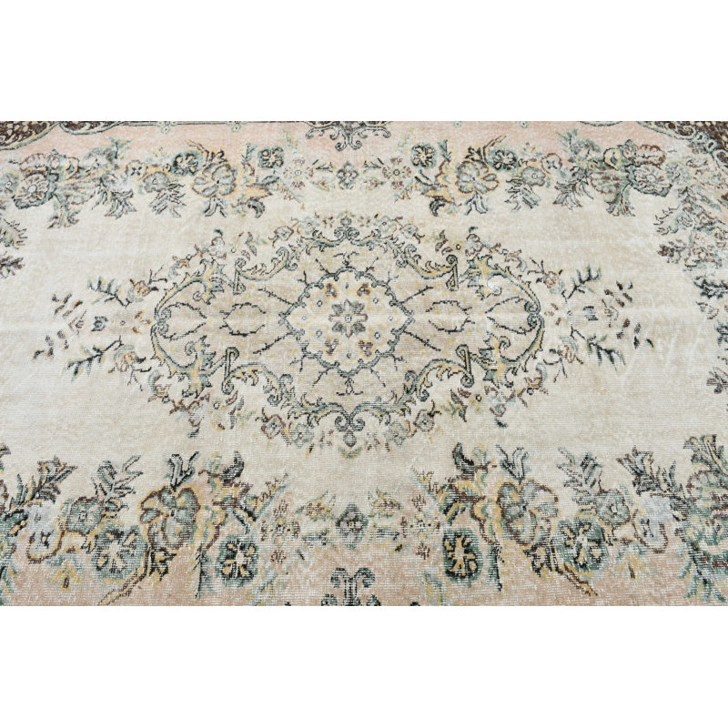 Grand tapis Oushak beige rétro en laine de Turquie pour chambre à coucher avec un design anatolien unique