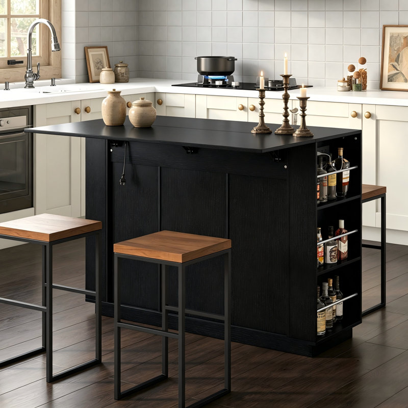 Multifunctional Bar Sideboard: Two-Door Storage With Stemware Rack, Fold-Down Countertop, And Built-In Power Outlets., Black
