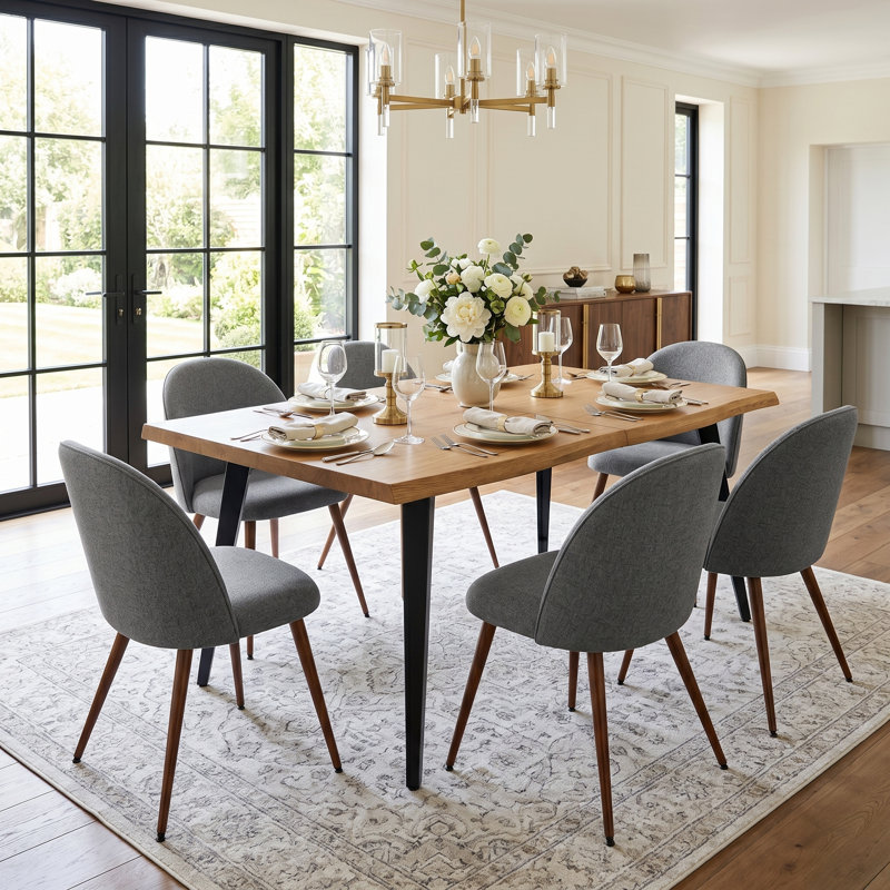 Shivani 7-Piece 63'' Rectangular Dining Set with Upholstered Chairs, Brown, Stone Gray