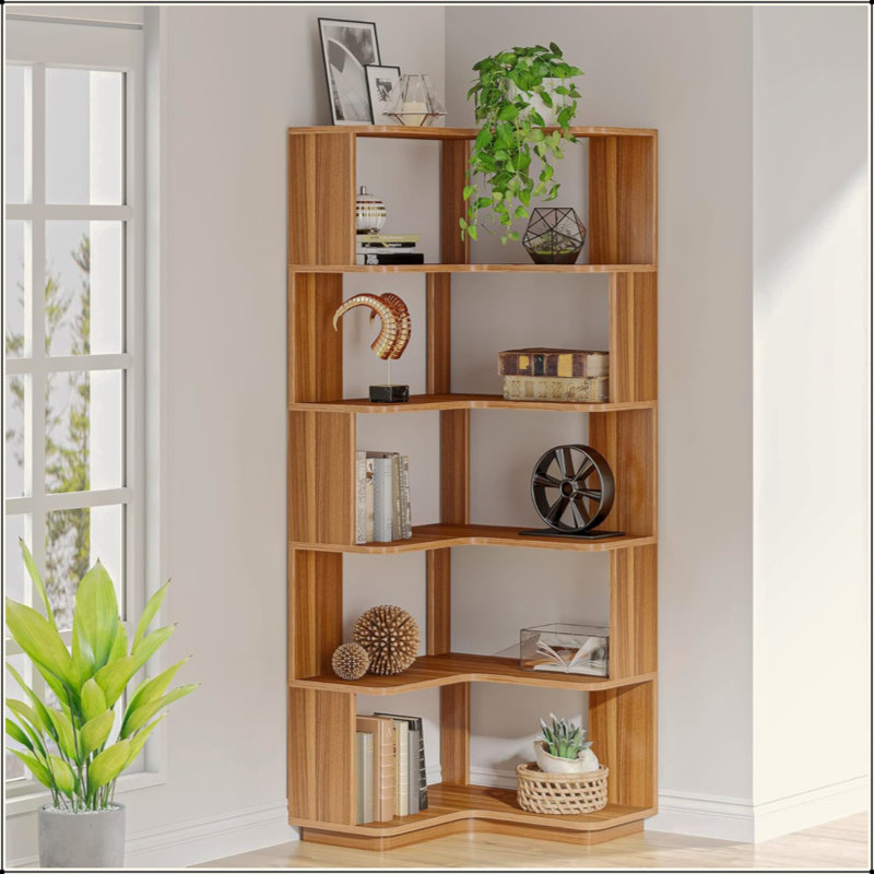  Bibliothèque de coin 64,96 "de haut à 6 niveaux en forme de L, bibliothèque industrielle autoportante avec panneau anti-chute, présentoir à grain de bois robuste pour salon de chambre à coucher