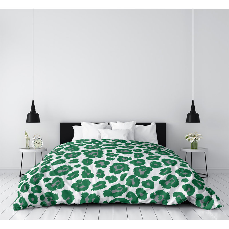 Housse de couette simple à imprimé léopard, Housse de couette pour très grand lit, Blanc / Vert / Gris, Polyester brossé
