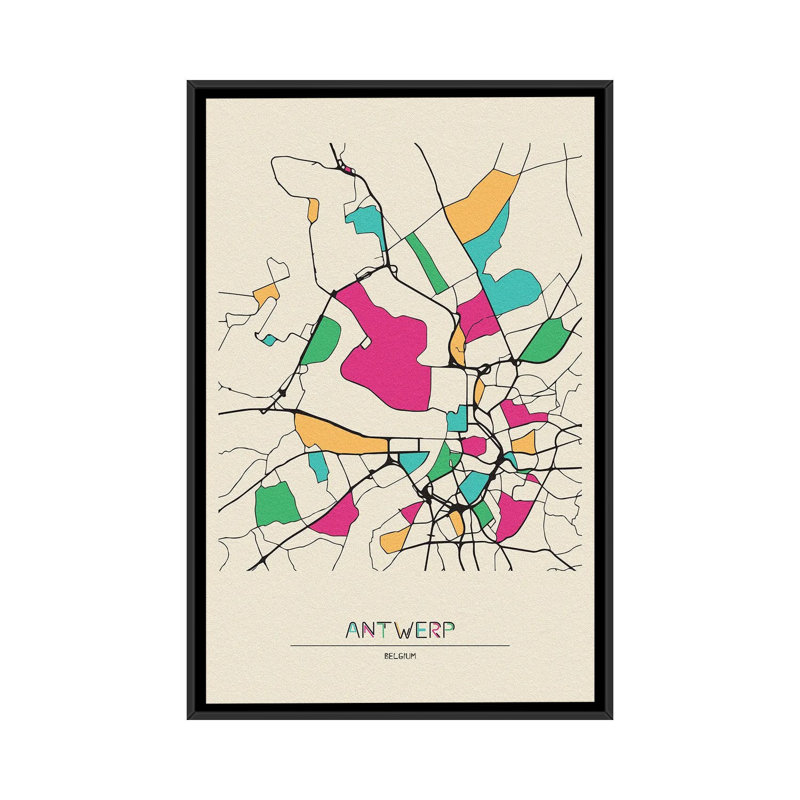 Antwerp, Belgium Map by Ayse Deniz Akerman - Print on Canvas, 66.04 cm H x 45.72 cm W, Black Floater Frame