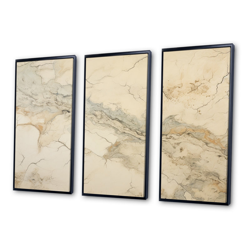 Beige et blanc, Marble River I - ensemble d'art mural en marbre, Cadre flottant noir, H 32 po x l 48 po x P 1 po
