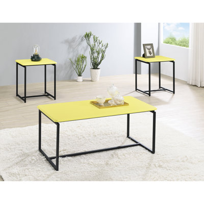 Yellow Carbon Fiber Wrapped Tables - Coffee Table, 2 End Tables, Metal Frame, Adjustable Feet, Medium Density , Angled Corners 39.5"W X 19"D Table And 19"W 15.5"D Wrap With Beveled Edges