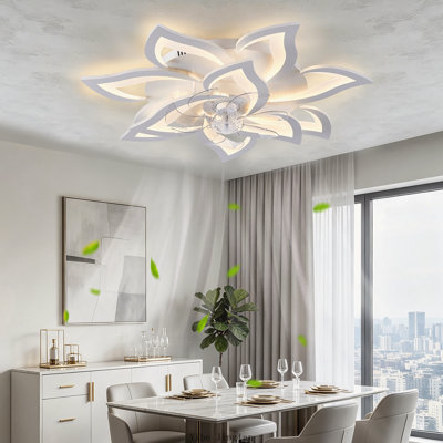 32 Inch White Flower Modern Ceiling Fan with Remote, LED Dimmable Light and 6 Speeds