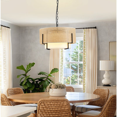 4-Light Farmhouse Boho Kitchen Chandelier with Hand Woven Rattan Drum Shade, Natural Wood and Black
