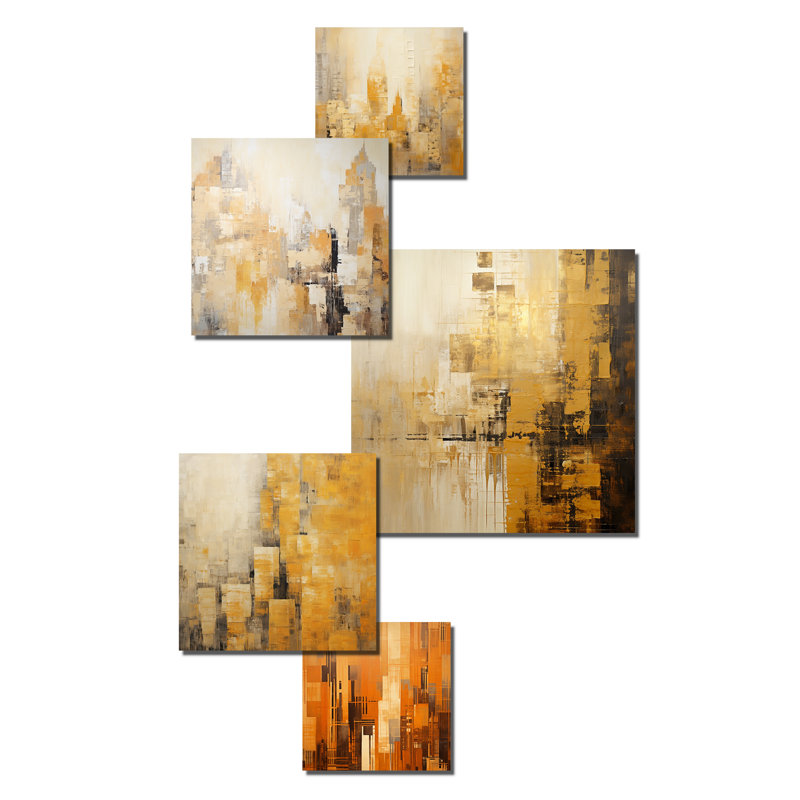 «Modern Cityscape Skycraper Bronze Blocks II» - ensemble d'art mural de 6 gratte-ciel