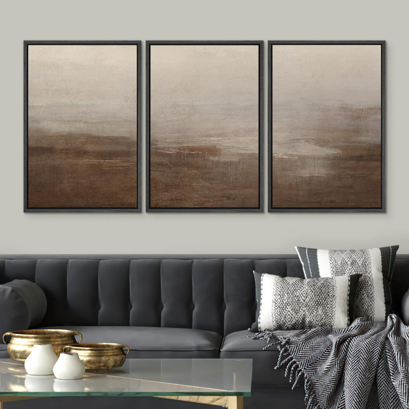 "Abstrait brumeux, paysage moderne, minimaliste, beige et brun, nature sauvage" - 3 pièces, Noir, H 36 po x l 24 po
