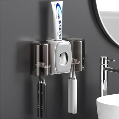 Porte-brosse à dents à suspendre automatique avec distributeur de dentifrice 2 tasses - Gris