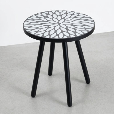 Laurel Mosaic 18.11" Round Cement Side Table With White Leaf Detail