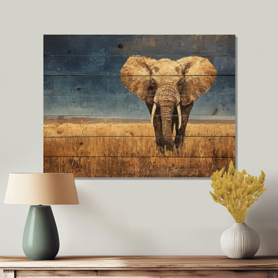 Éléphant dans les plaines d'Afrique I - Éléphant, art mural en bois animal - sur bois de pin naturel