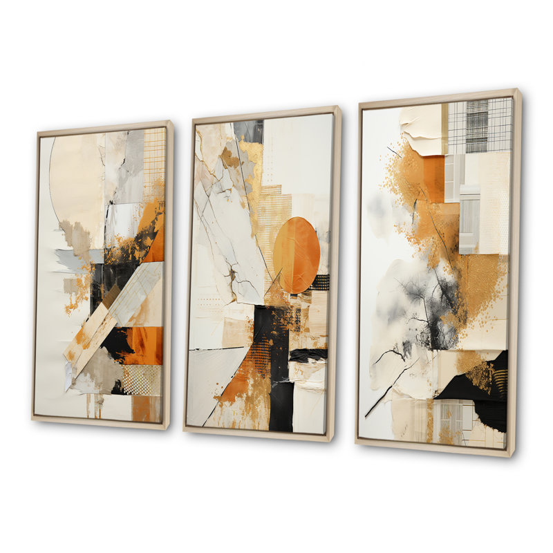 «Black Twilight Dream Abstract Collages I», ensemble de 4 reproductions d'art sur toile, Cadre flottant brun