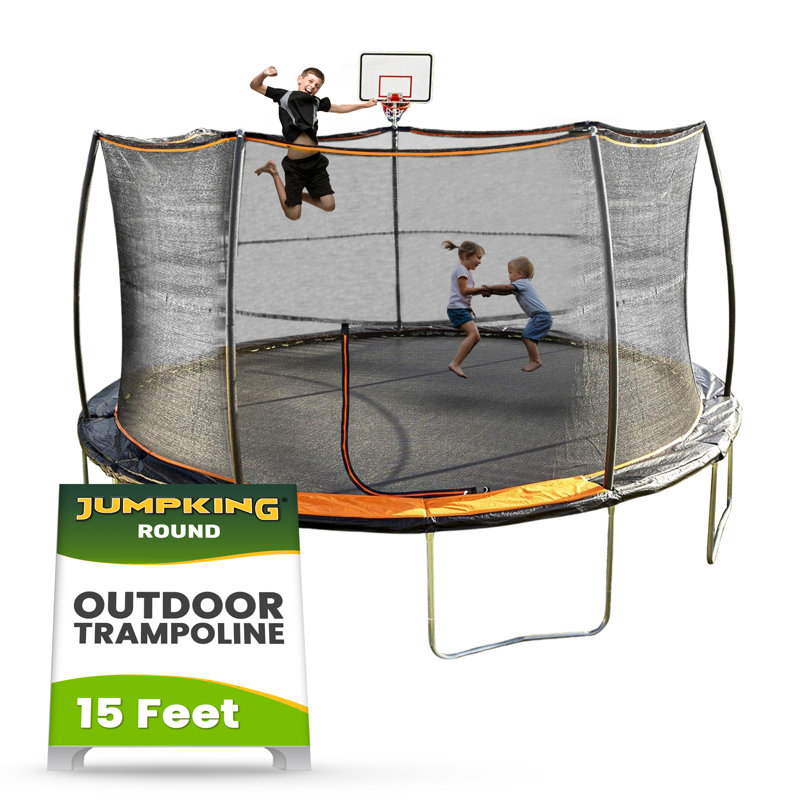 15' Black Round Trampoline with Enclosure and Basketball Hoop