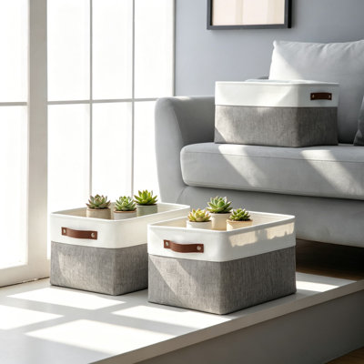 Grands bacs de rangement en tissu, paniers de rangement de placard décoratifs pour tablettes, armature en métal et fond en panneau de fibres à densité moyenne, ensemble de 3, 15 x 11 x 9,5 pouces, gris et blanc