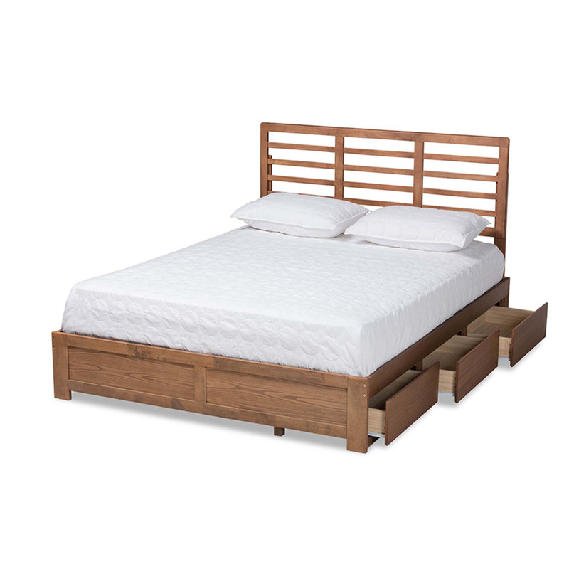 Ash Walnut King Size Wood Frame Upholstered Storage Bed with 3 Drawers