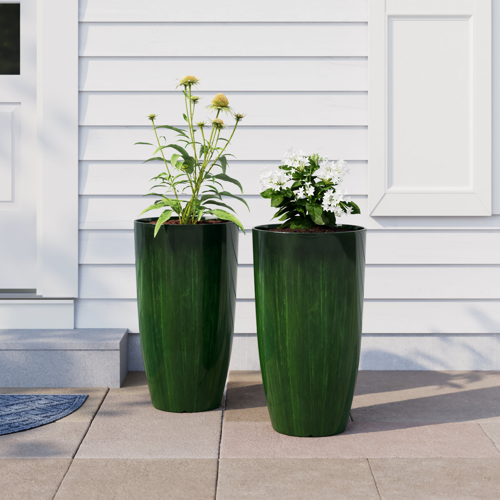 23.5"H Set Of 2 Oversized Gradient Green Faux Ceramic  Tall Plastic Planter, Gradient Green, 23.5"H X 13.75" W X 13.75"D