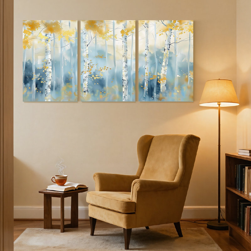 «Landscape & Nature Birch Trees Autumn Leaves Blue Sky», ensemble de 3 impressions sur toile, H 36 po x l 72 po