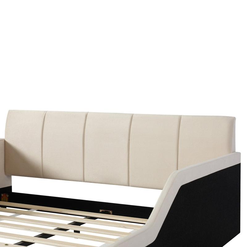 Lit rembourré en velours pour lit mère et enfant avec petit tabouret rond, Queen, Beige