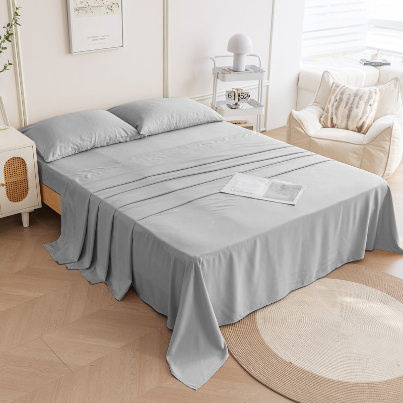 Ensemble de draps doux et soyeux, Gris clair, Ensemble de draps pour lit double avec 2 taies d'o