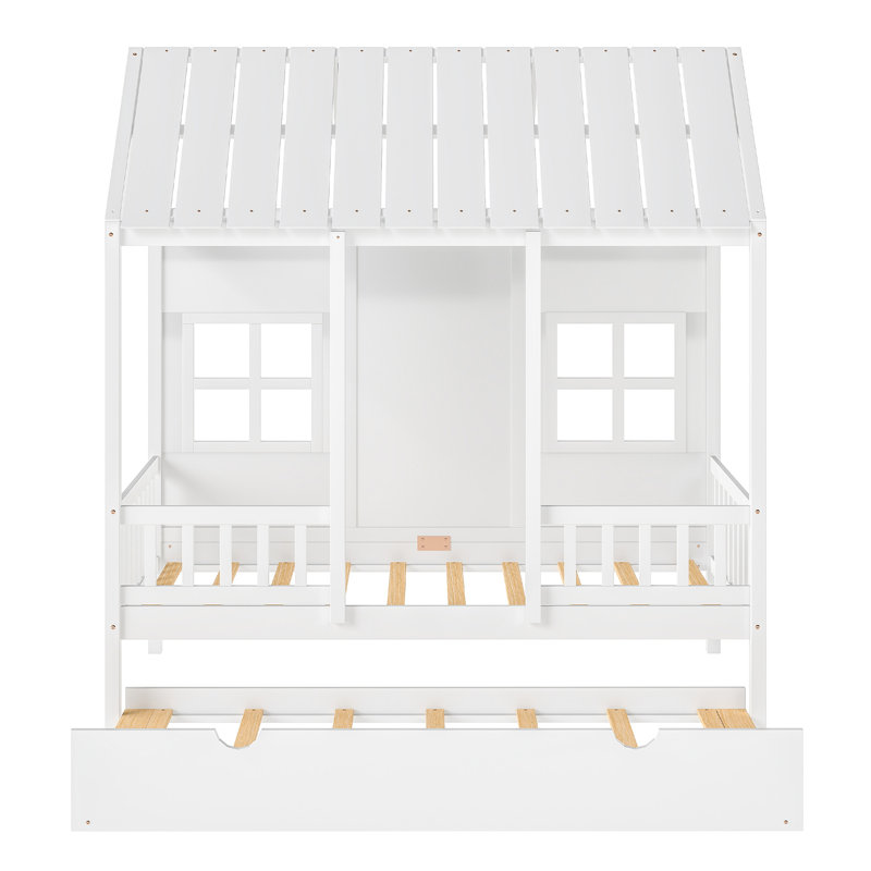 Twin House Bed with Trundle, Kids Bed Frame with Roof, Windows and Guardrail, Wooden Playhouse Bed