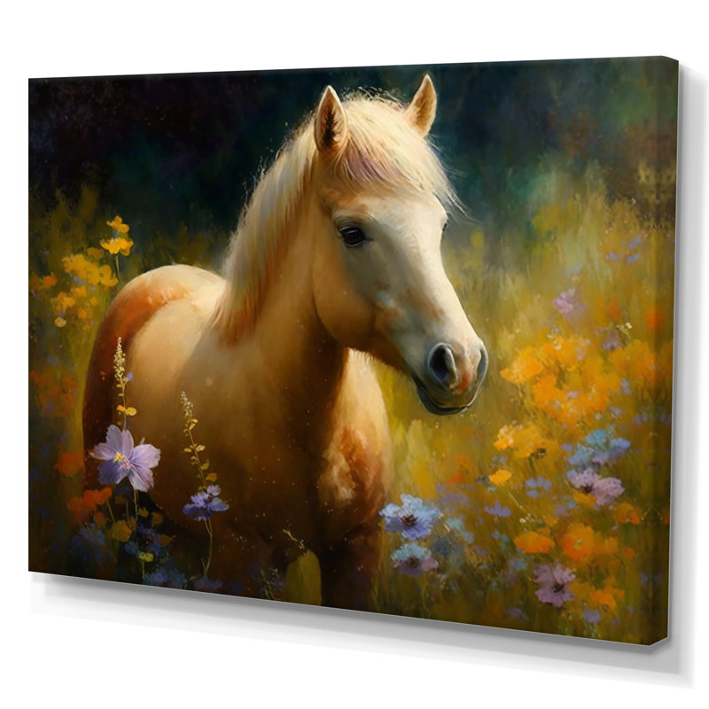 Poney doré dans un pré de fleurs I, H 16 po x l 32 po x P 1 po, Toile tendue