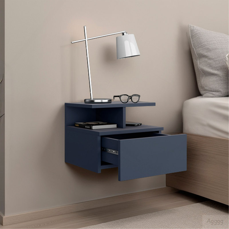 Table de chevet flottante Adele, avec un tiroir et deux petites tablettes inférieures pour le rangement ou la décoration, bleu marine