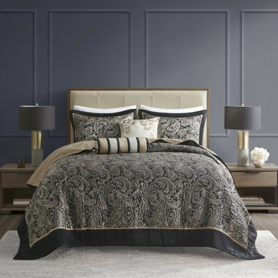 Couvre-lit 5 pièces pour grand lit - noir avec motif cachemire et housse en tissu