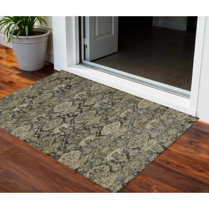 3' X 5' Charcoal And Beige Damask Washable Indoor Outdoor Area Rug