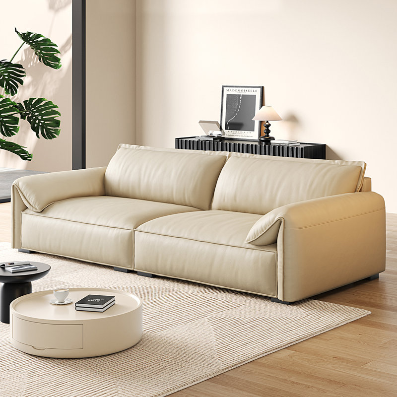 Beige Genuine Leather Modular Sofa, 3, 31.5" H x 102.36" W x 41.34" D