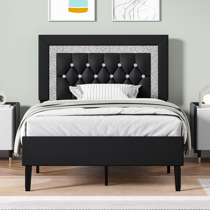 Alber Bed Frame with Tufted Button Headboard, Upholstered Platform Bed Frame with Diamond Design, Wood Slat Support, No Box Spring Needed, Easy Assembly