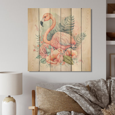 Flamant rose avec fleurs roses, aquarelle II Flamant rose avec fleurs roses, aquarelle II - impression sans cadre sur bois
