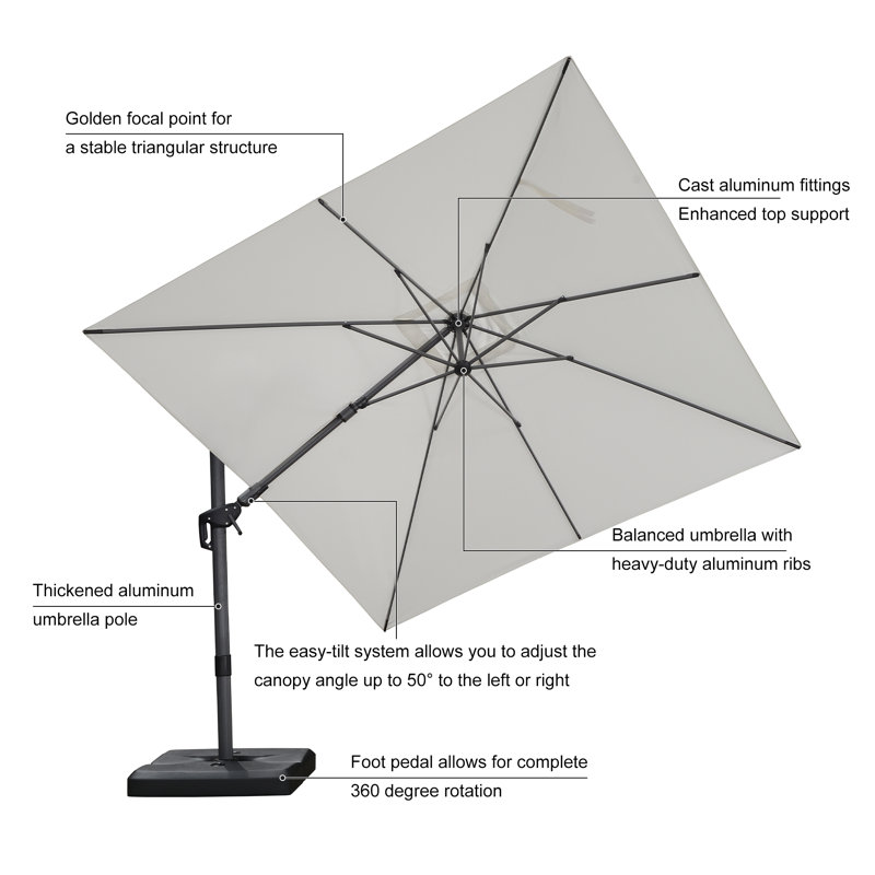 Rocshelle quare Right-left Tilt Cantilever Umbrella with Base and 360-degree Rotation, 100.32"H x 120"W x 120"D, White