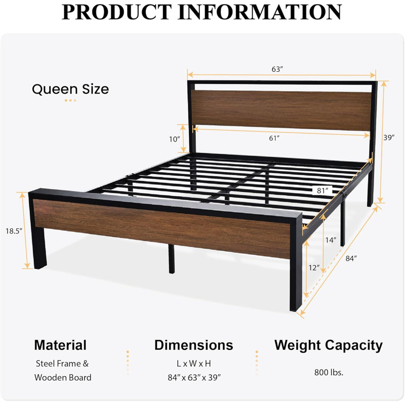 Walnut Queen Metal Platform Bed Frame with Wood Headboard and Footboard