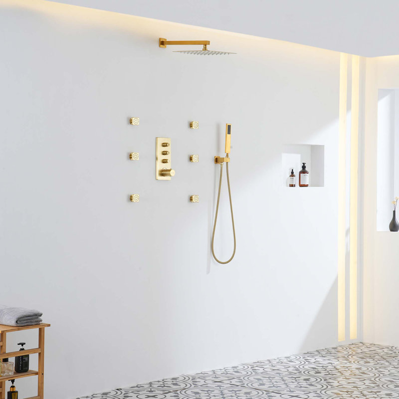 Système de douche thermostatique mural 3 fonctions 12 po, Or brossé