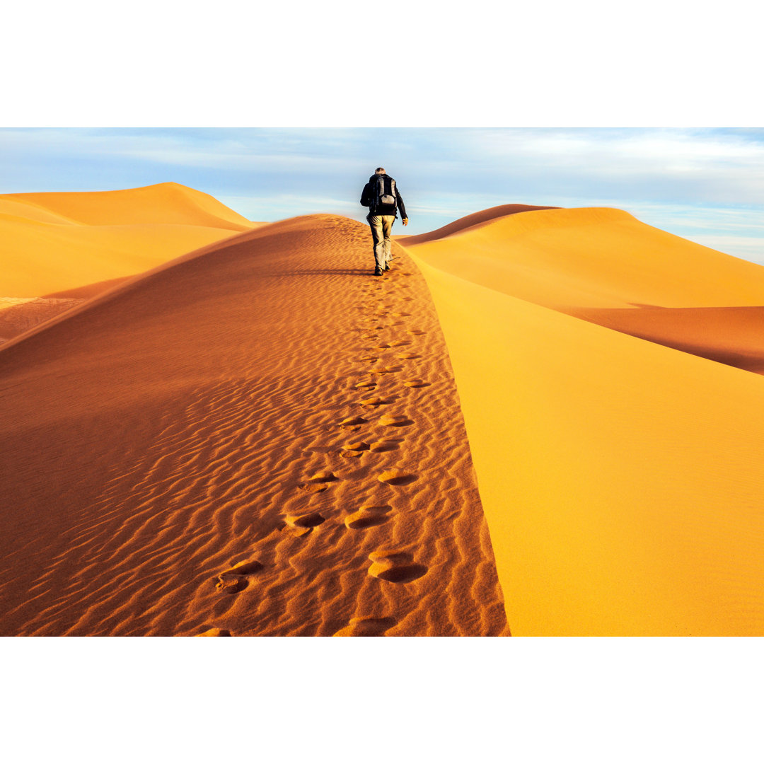 Männliche Touristen, die auf den Sanddünen spazieren gehen, Morgen, Mhamid, Marokko von Pavliha - No Frame Print on Canv...