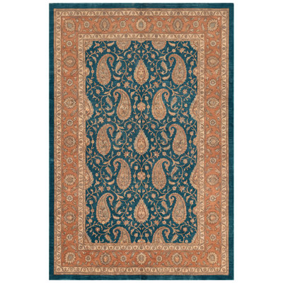 Burlton Traditional Allover Floral Teal Gold Cream Non-Slip Low Pile Indoor Outdoor Pet Friendly Living Room Bedroom Dining Room Entryway Hallway Office Kitchen High Traffic Washable Rug