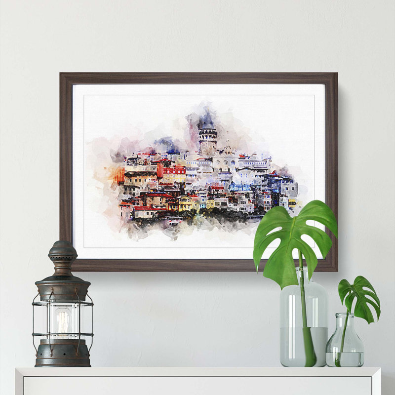 Galata Tower in Istanbul Turkey in Abstract - Picture Frame Painting Print, Walnut Framed, 27cm H x 36cm W x 2cm D