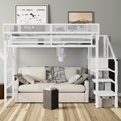 Twin XL Loft Bed With Stairs & Wardrobe, Metal High Loft Frame With Built-in Shelves And Storage, White