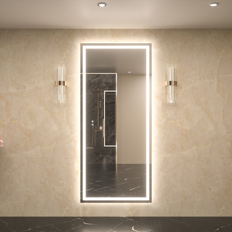 Miroir de meuble-lavabo à fixation murale avant et rétro-éclairé Cardier avec réglage en 3 couleurs, incassable, verre trempé