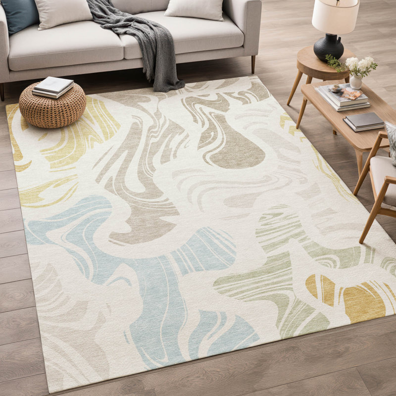 Tapis abstrait lavable à la machine intérieur / extérieur ACN2852, Ivoire ivoire, 10 pi x 14 pi