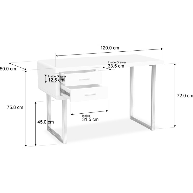 Kreis 120Cm W Rectangle Computer Desk, White, Silver