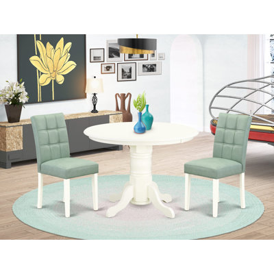 3 Piece Mid Century Modern Dining Table Set Includes A Wood Table and 2 Willow Green Polyester Fabric Mid Century Modern Chairs, Linen White