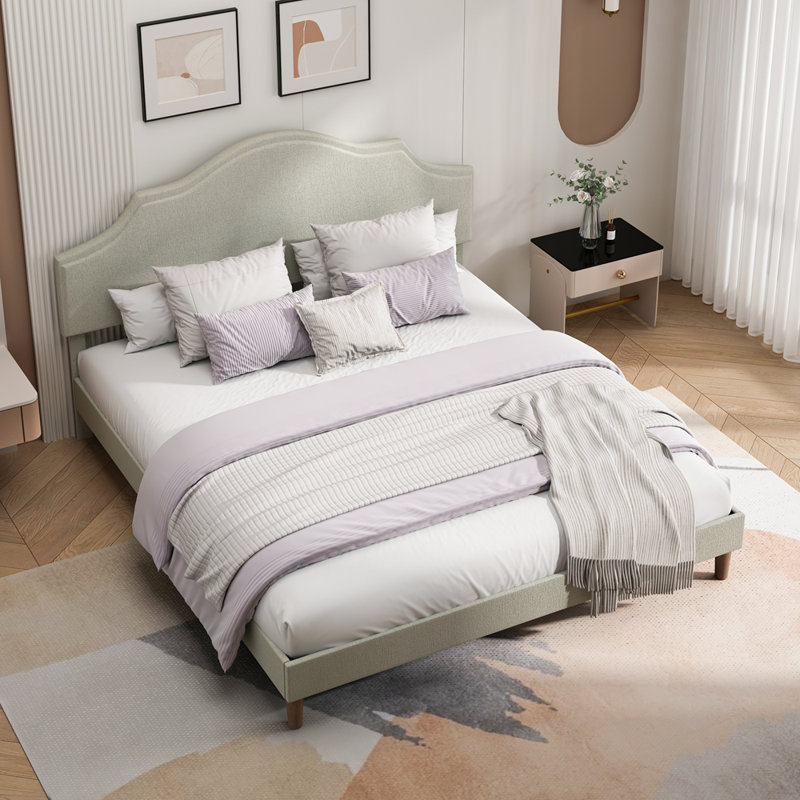 Lit plateforme tapissier en lin avec tête de lit réglable, Beige, Très grand lit
