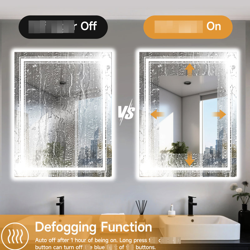 Miroir de salle de bain 55X30 pouces à DEL intelligent avec éclairage à intensité variable, 3 réglages de température de couleur, mode brouillard, compatibilité avec interrupteur mural, choix, brouillard intégré, contrôle, conception incassable